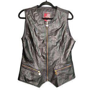 Vintage Womens L Black Leather Vest Full Zip Grunge Goth Chic Biker Motorcycle